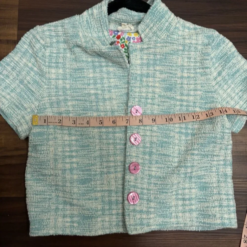 Finding Foxtale Girls Sz 12 Light Blue Twee Knit Jacket Pink Buttons Cropped
